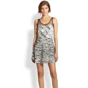 Parker Jax Black White Splatter Print Silk Mesh Striped Flare Skater Mini Dress